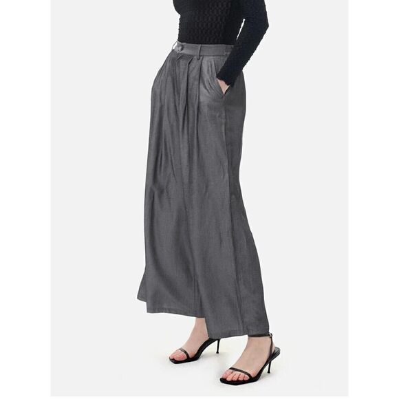 S.Deer Airy Elastic Waist Wide-Leg Chambray Dark Blue Pleated Front Trousers XXL - Picture 2 of 6